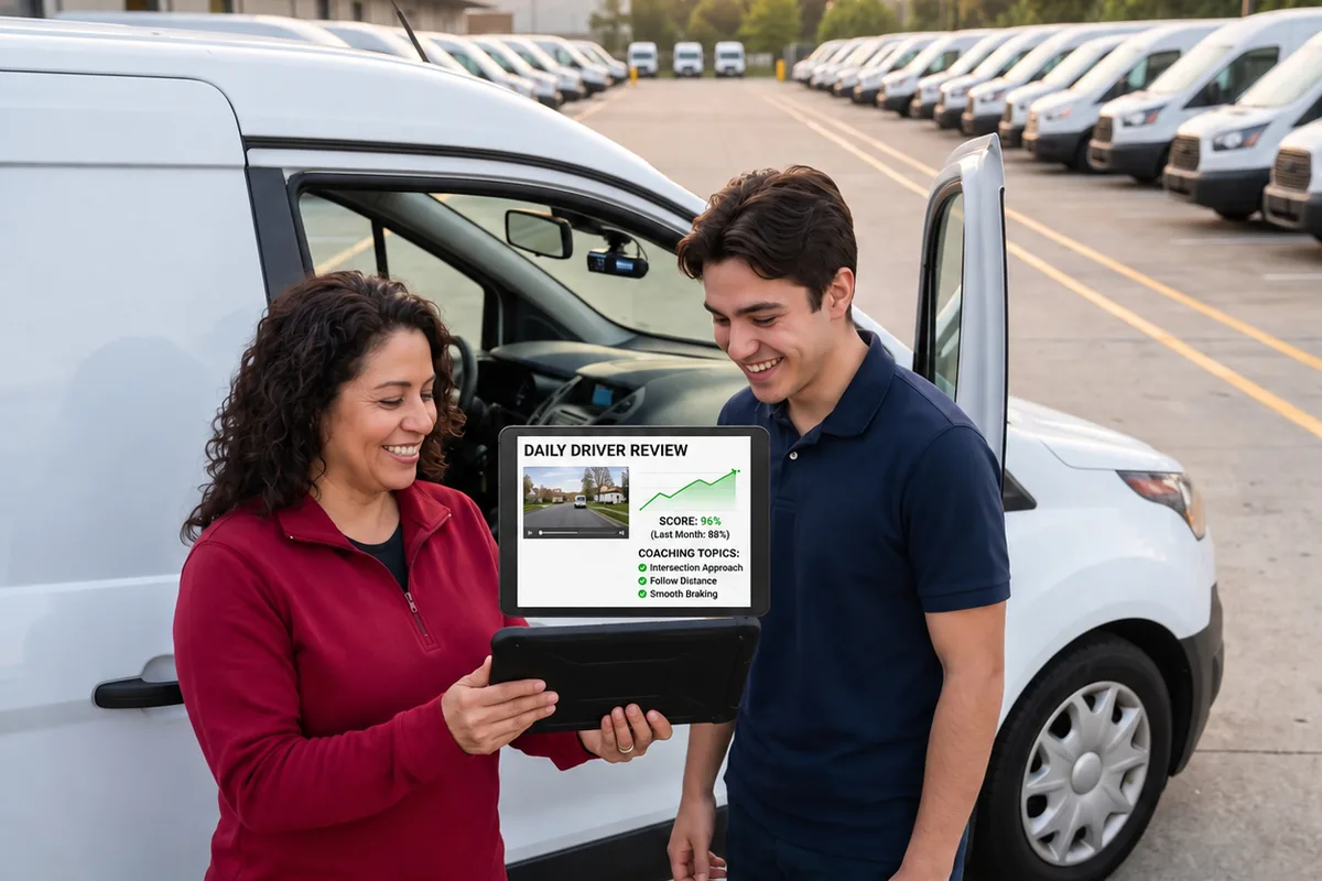 A safety coach and a smiling young driver review his daily driver review on a tablet beside a van with a dash camera, in a yard of unbranded white delivery vans at sunrise.