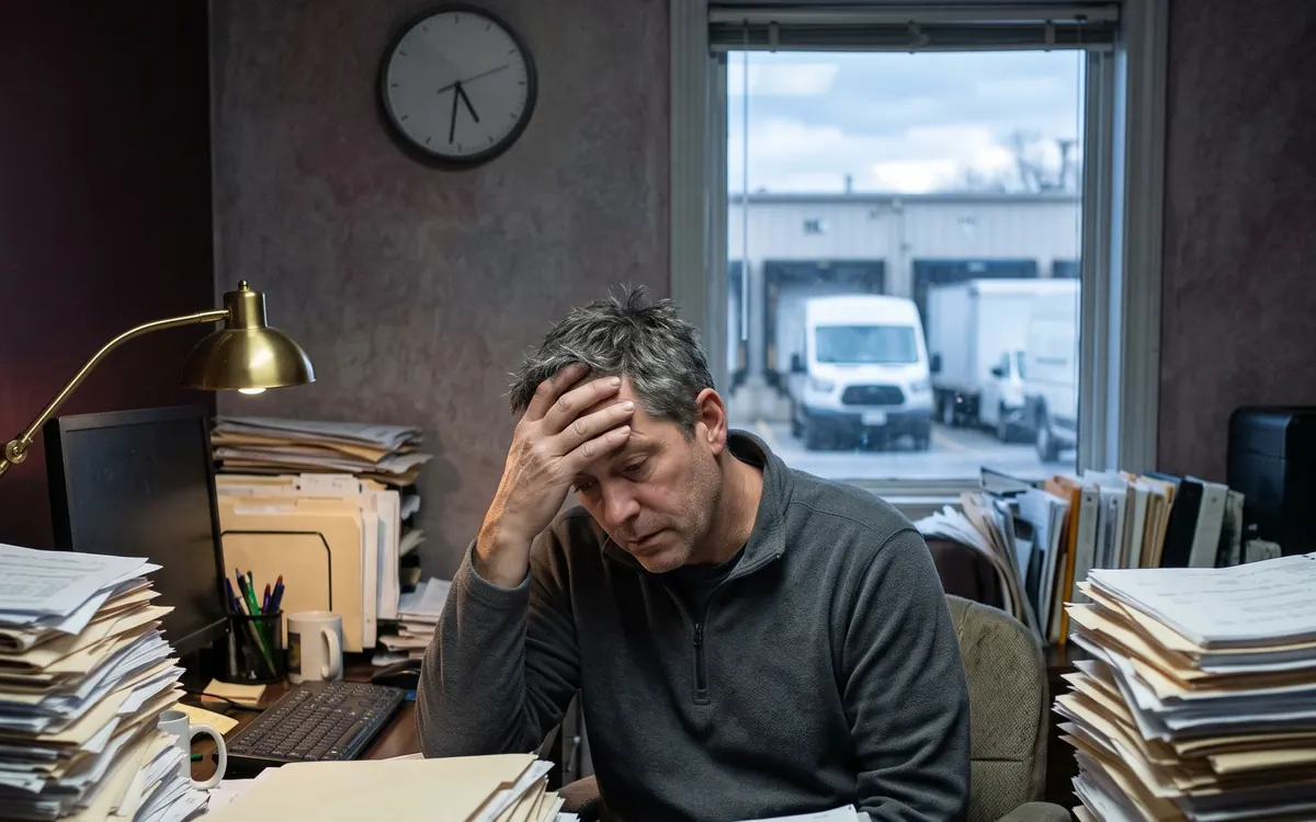A stressed Service Provider rests his head in his hand at a desk buried in stacks of paperwork, folders and binders, with delivery vans parked at the docks outside his office window.