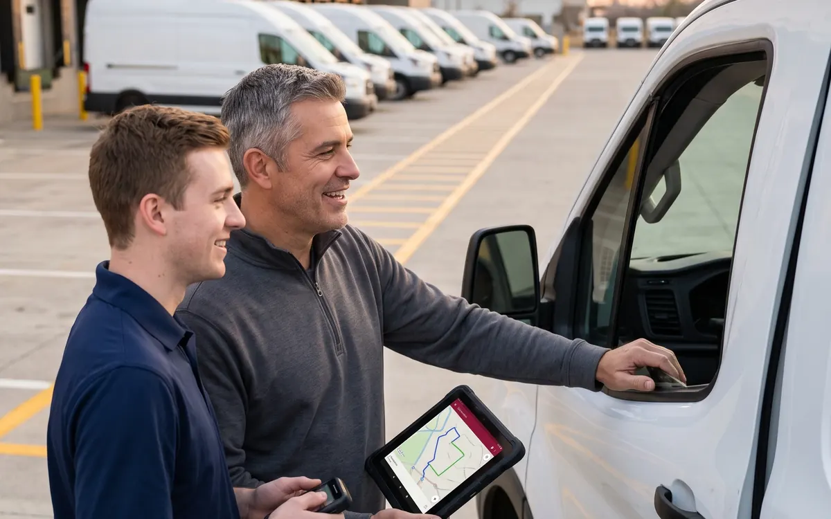 A smiling Service Provider holding a route map tablet talks with a young driver beside a delivery van, with a row of unbranded white vans parked at the terminal docks behind them at sunrise.