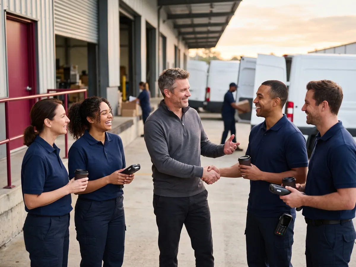 A smiling Service Provider shakes hands with one of his drivers at shift start while other drivers holding coffee and scanners laugh along, with the loading dock and delivery vans behind them.