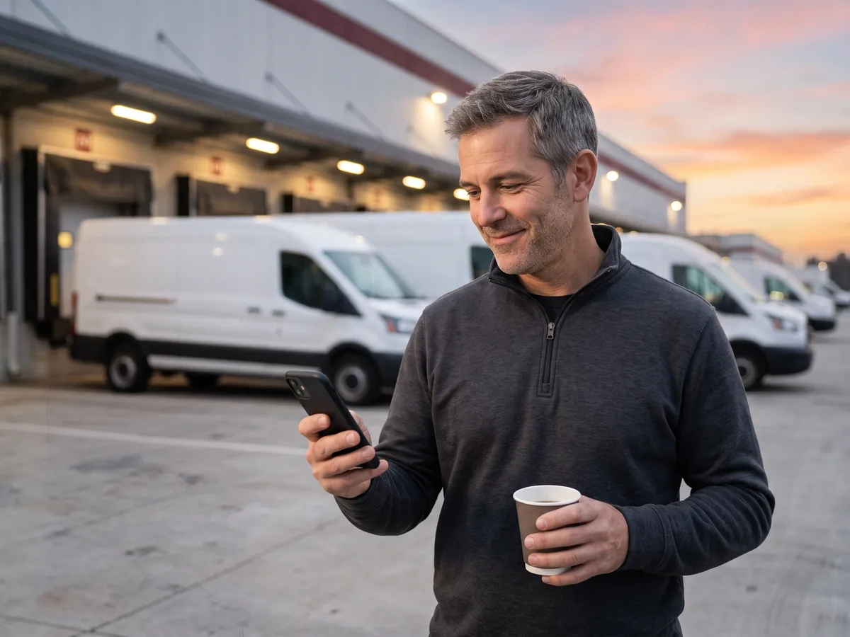 A smiling Service Provider holding a coffee checks his business numbers on his phone at dawn, with delivery vans parked at the terminal loading docks behind him.