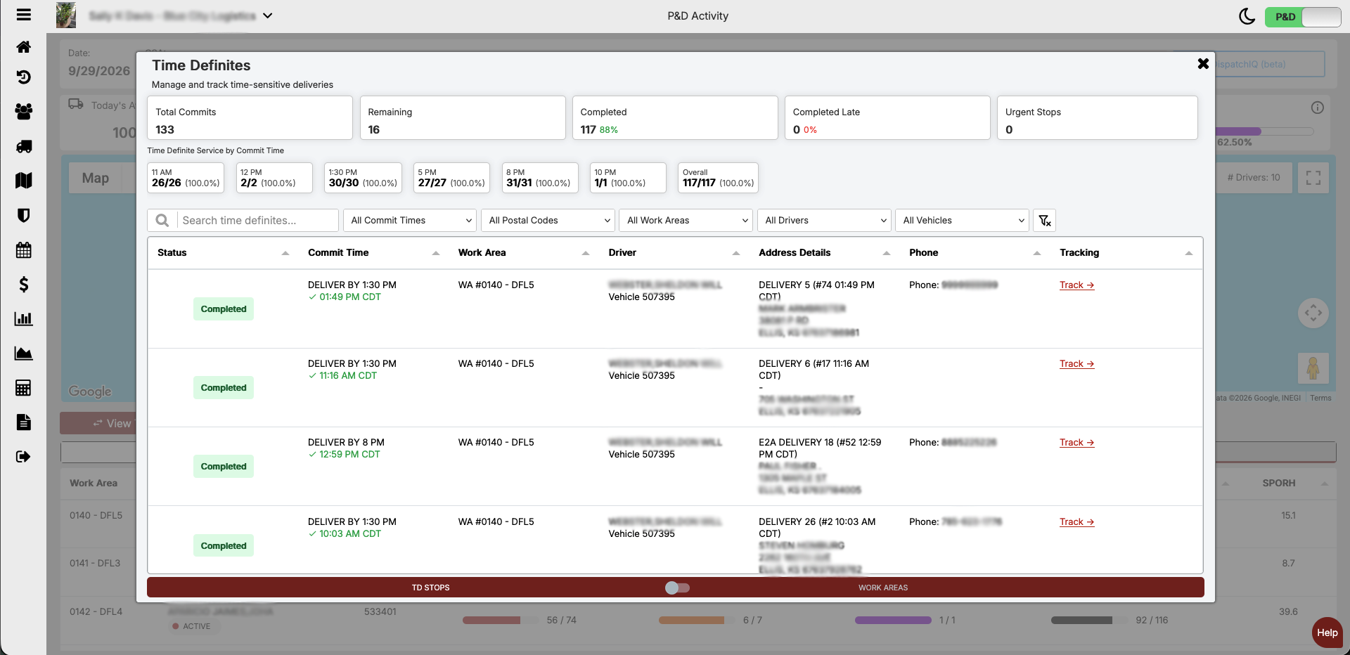 B.O.S.S. Time Definites panel showing commit counts, status and tracking