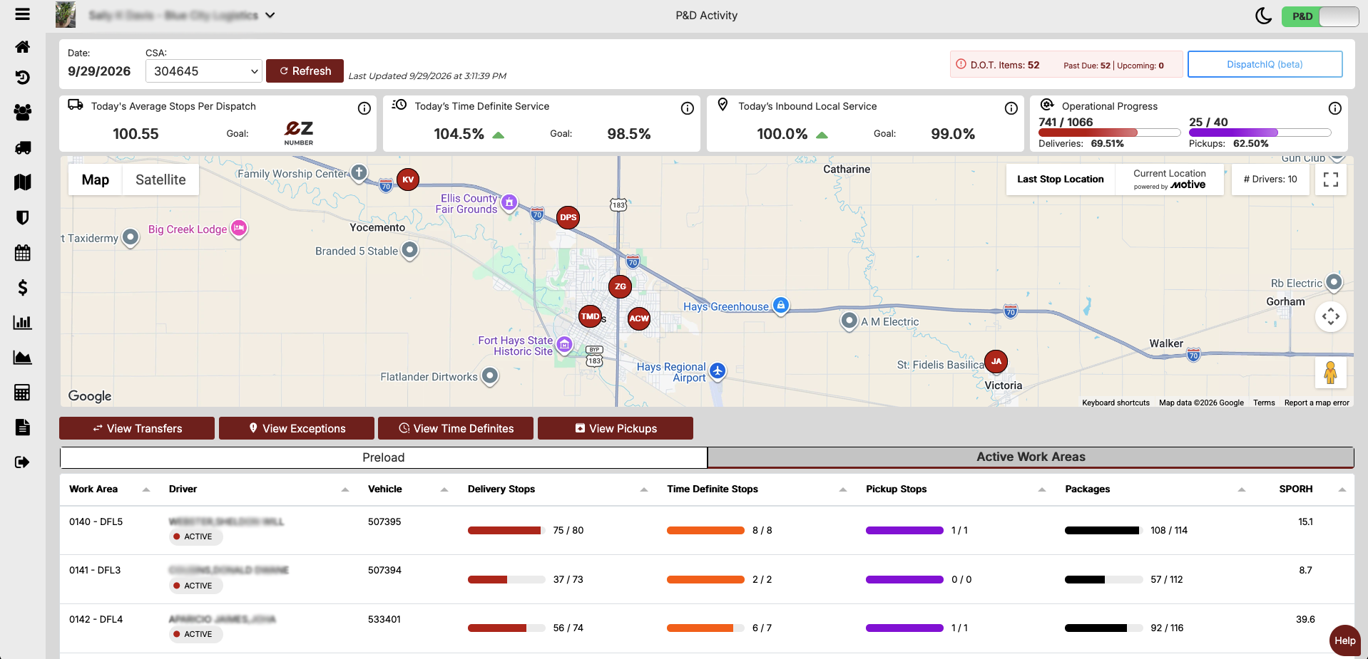 The B.O.S.S. P&D Activity dashboard with service metrics, a live work-area map and per-driver progress. Click to view more screenshots.