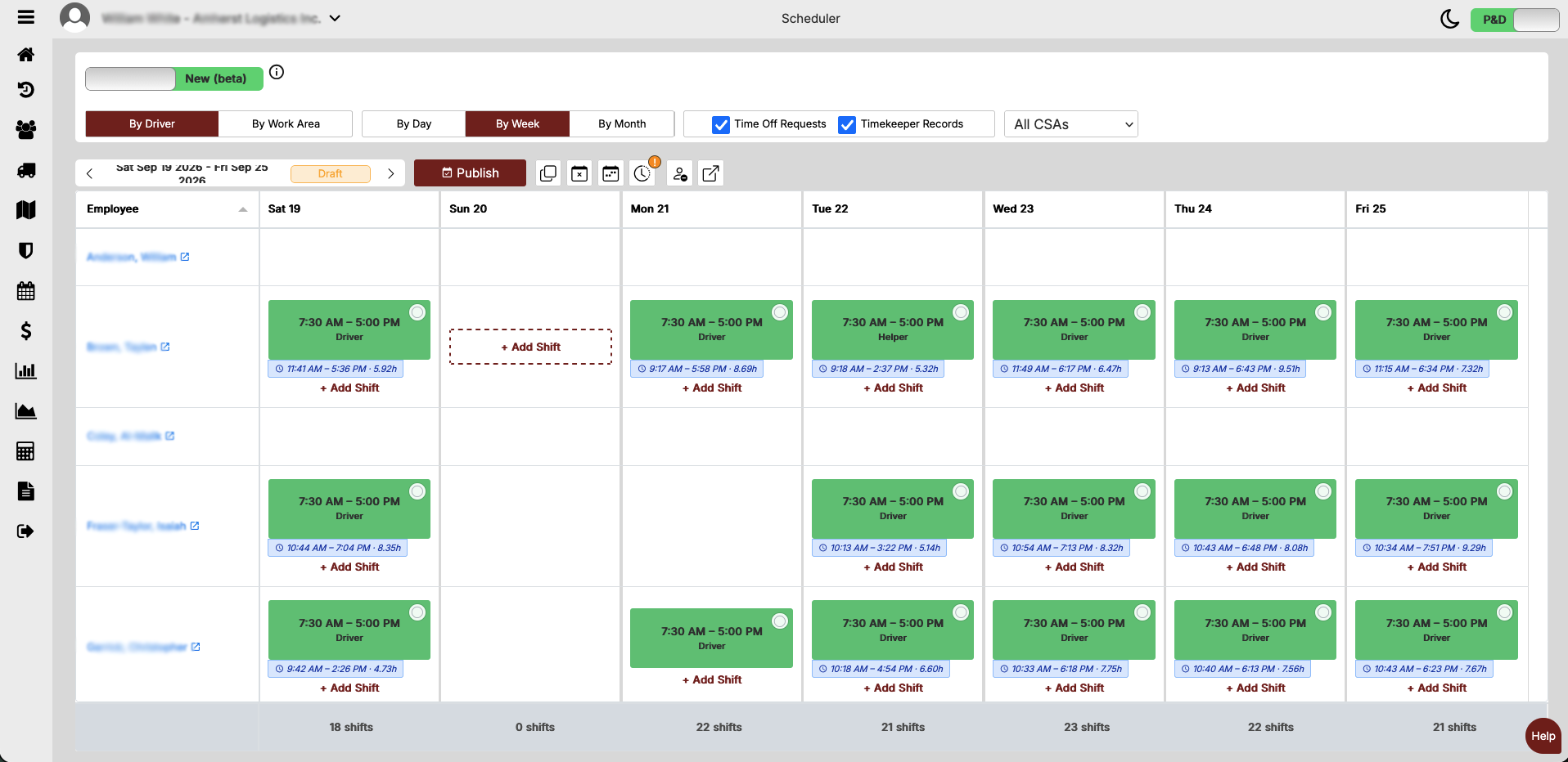B.O.S.S. weekly scheduler by driver with shifts and timekeeper records