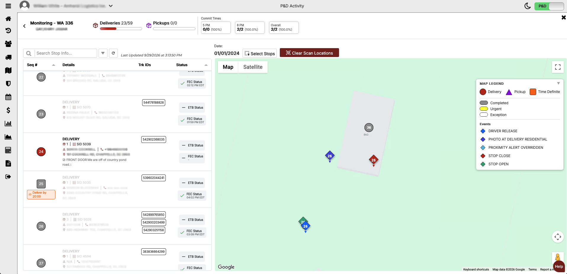B.O.S.S. route monitoring with a stop list, statuses and a map legend