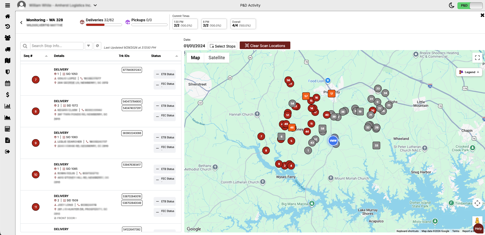 B.O.S.S. route monitoring with numbered stops plotted on a map