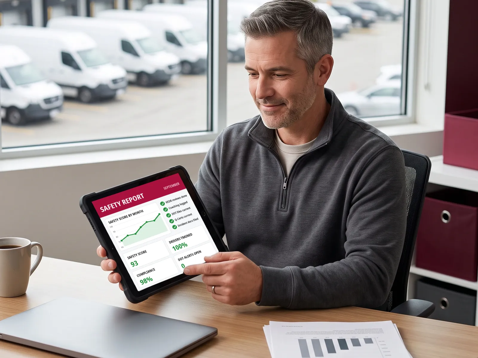 A Service Provider smiles as he reviews a monthly safety report on a tablet at his office desk, with delivery vans parked at the terminal outside the window.