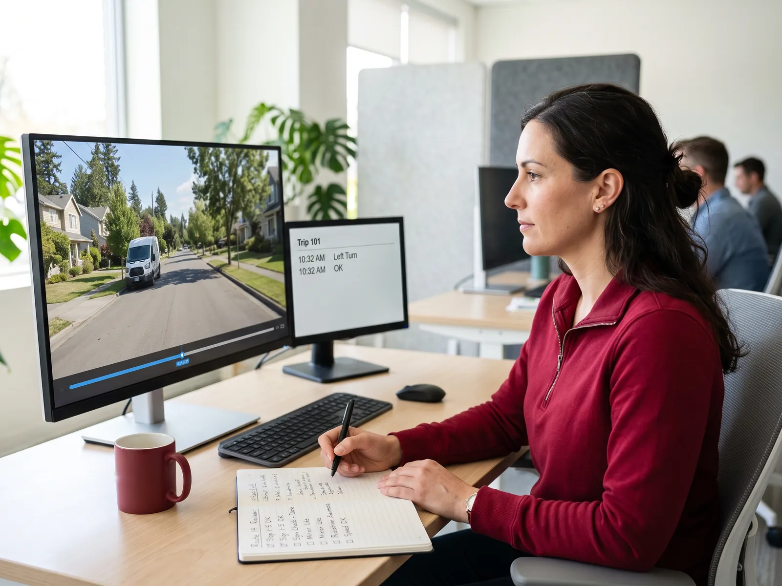 An eTruckBiz Safety Desk reviewer takes notes while reviewing dash camera footage of a delivery van on a residential street.