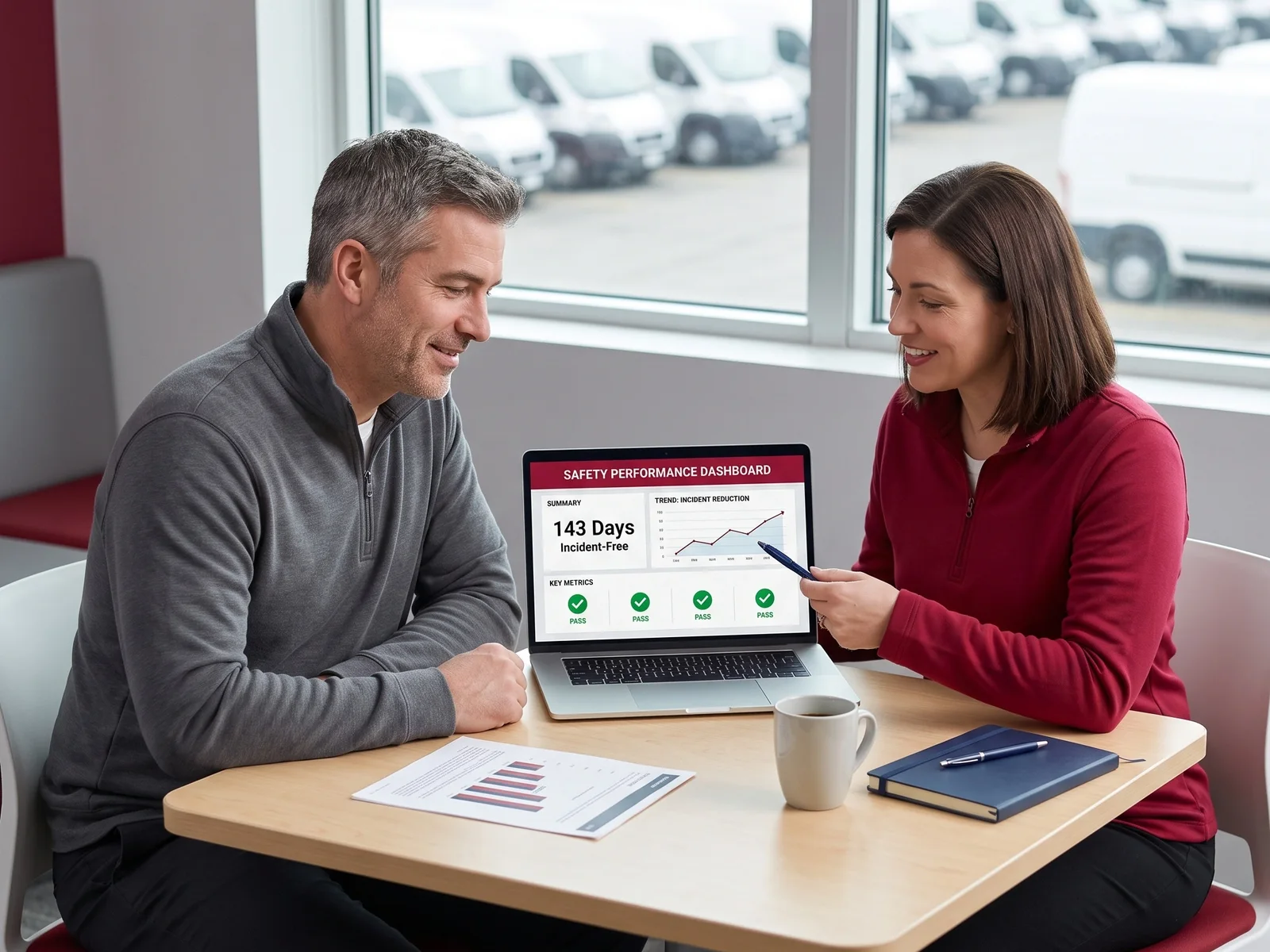 A Service Provider owner and his eTruckBiz Business Contact review a SafetyIQ safety dashboard together in a terminal office.
