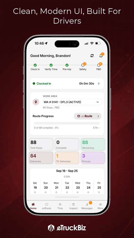 ezRoute driver home screen showing clock-in status, work area, route progress and stop counts