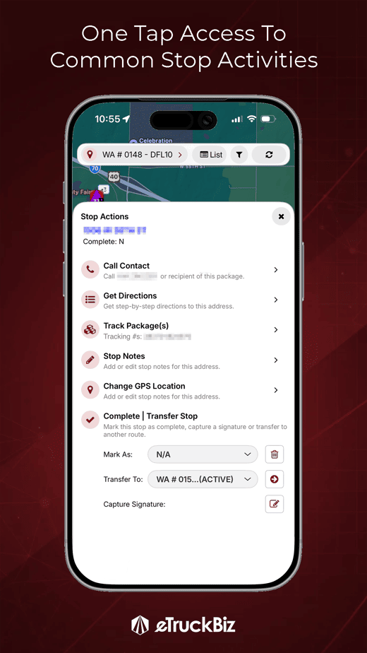 ezRoute stop actions menu with call, directions, tracking, notes and complete options