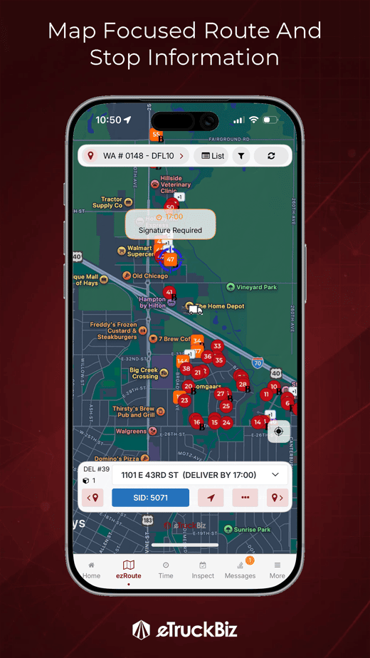 ezRoute map view with route stops and delivery details