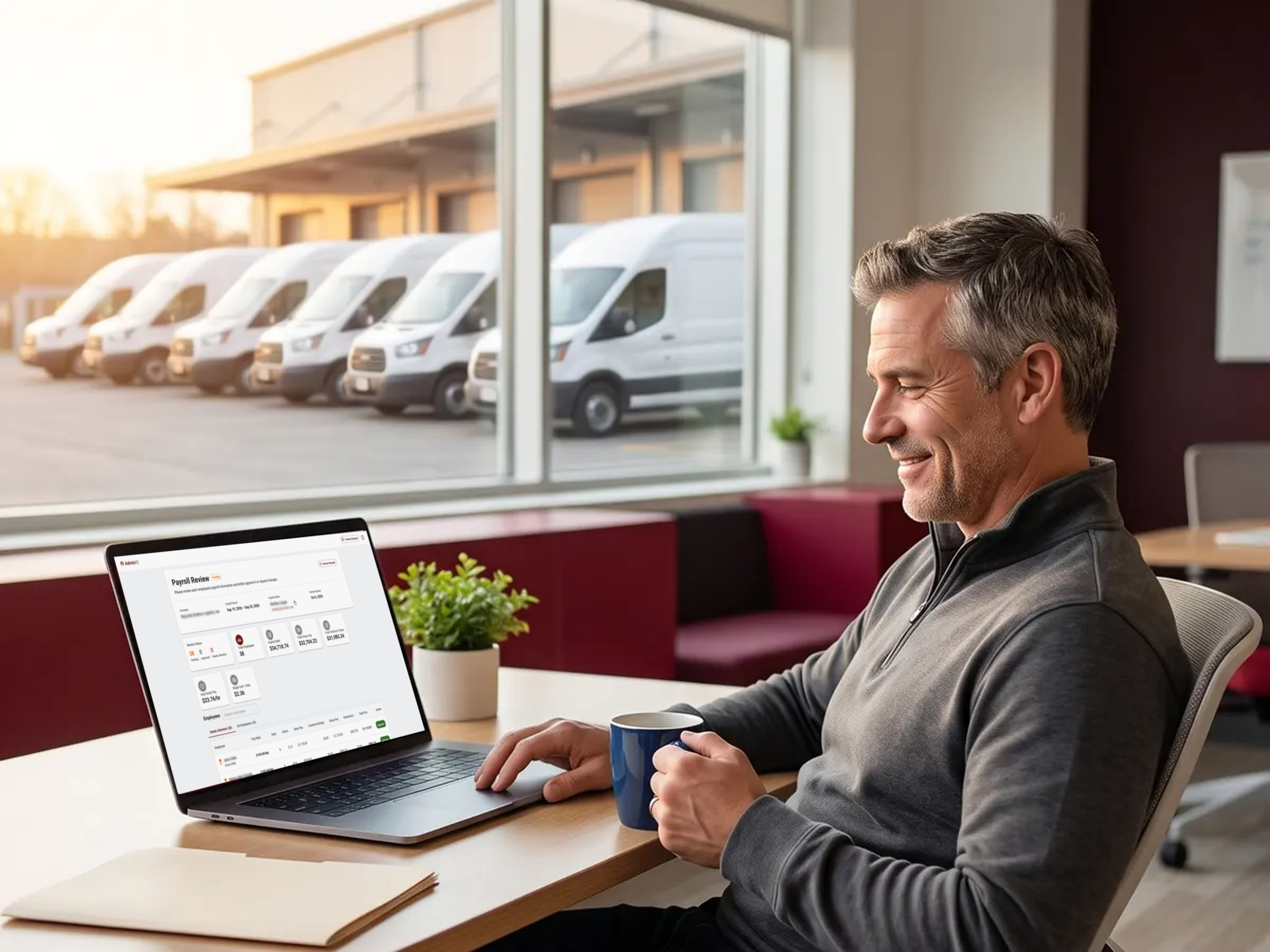 A relaxed Service Provider with a coffee mug smiles at his laptop dashboard showing completed tasks with green checkmarks, while a row of delivery vans sits outside the window behind him.
