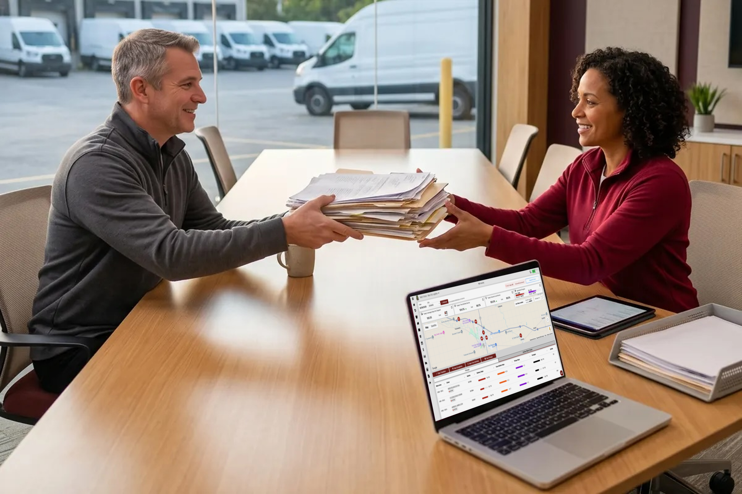 A Service Provider hands a stack of paperwork and folders across a conference table to a smiling eTruckBiz administrator, with a laptop dashboard in the foreground and unbranded delivery vans outside the window.