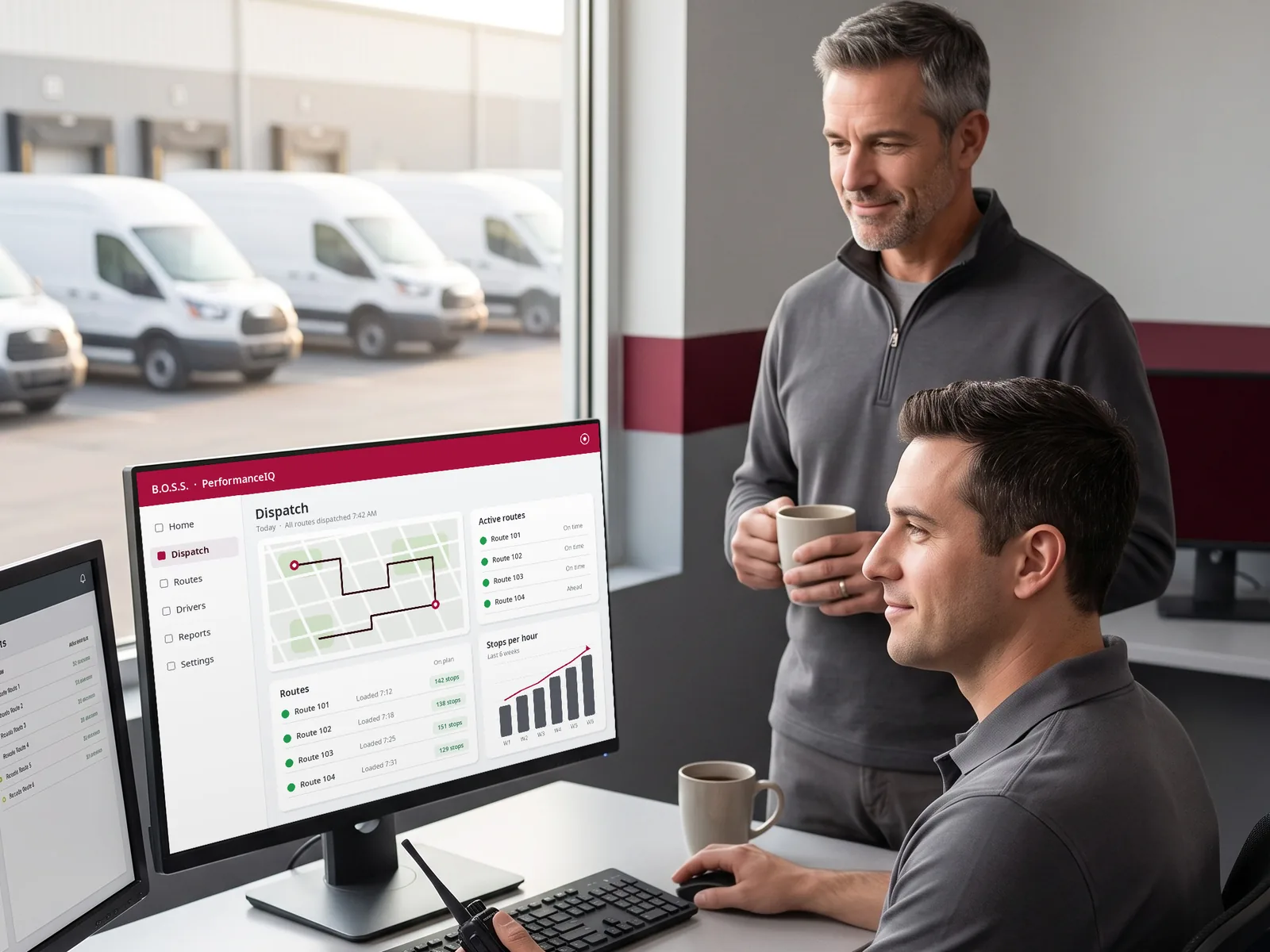 A Business Contact runs the morning dispatch from a PerformanceIQ dashboard while the Service Provider owner looks on with a coffee, delivery vans loading at the docks outside.