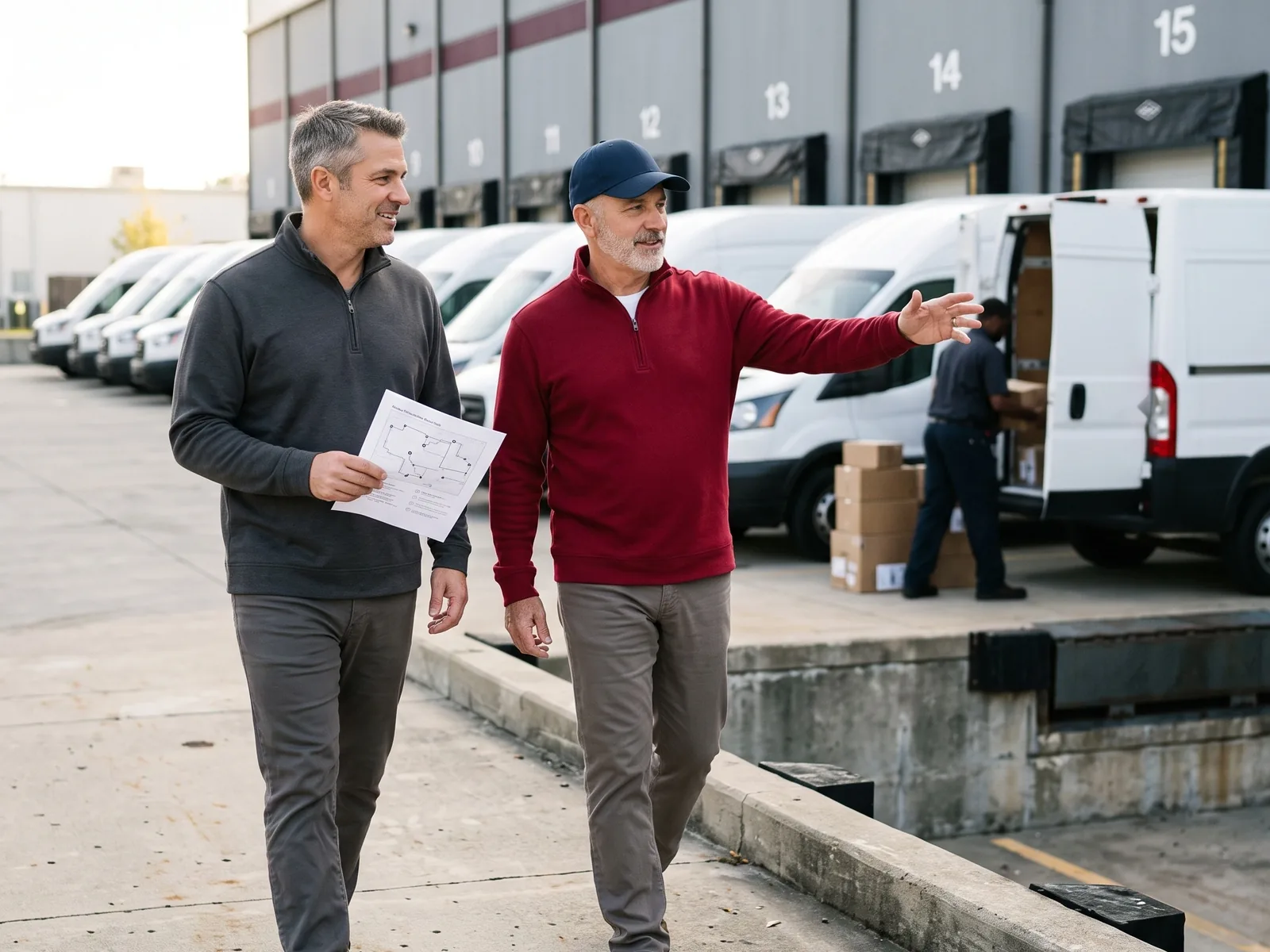 An eTruckBiz operations specialist walks the loading dock with a Service Provider owner, pointing toward the vans while the owner holds a printed dispatch plan.