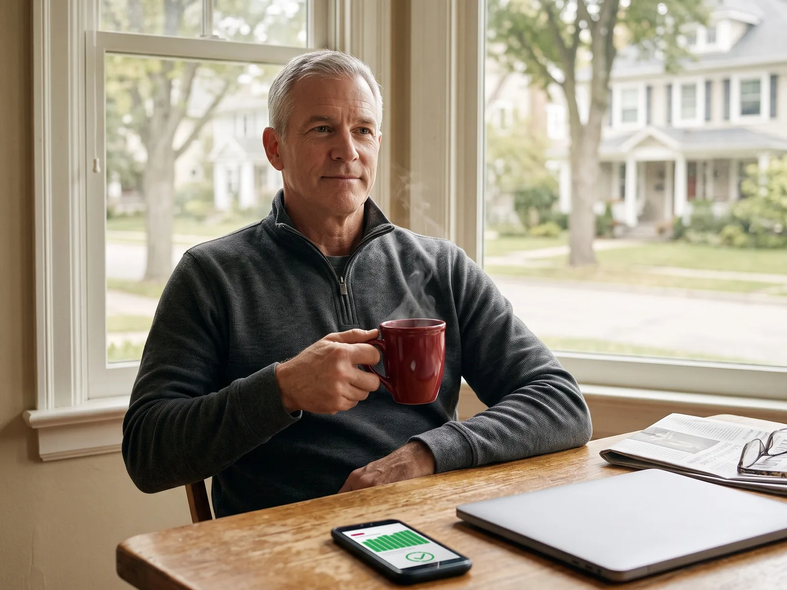 A Service Provider owner relaxes at his kitchen table with a coffee while his phone shows the day's operation running on track.