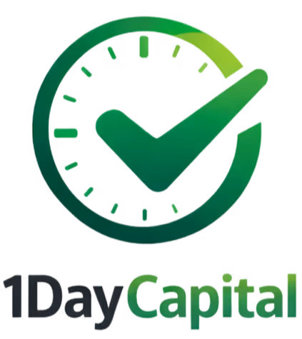 Green clock icon with a checkmark integrated, above the text '1DayCapital' with 'Capital' in gradient green.