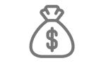 Gray icon of a money bag with a dollar sign on it.