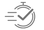 Icon of a stopwatch with motion lines and a check mark indicating quick completion.