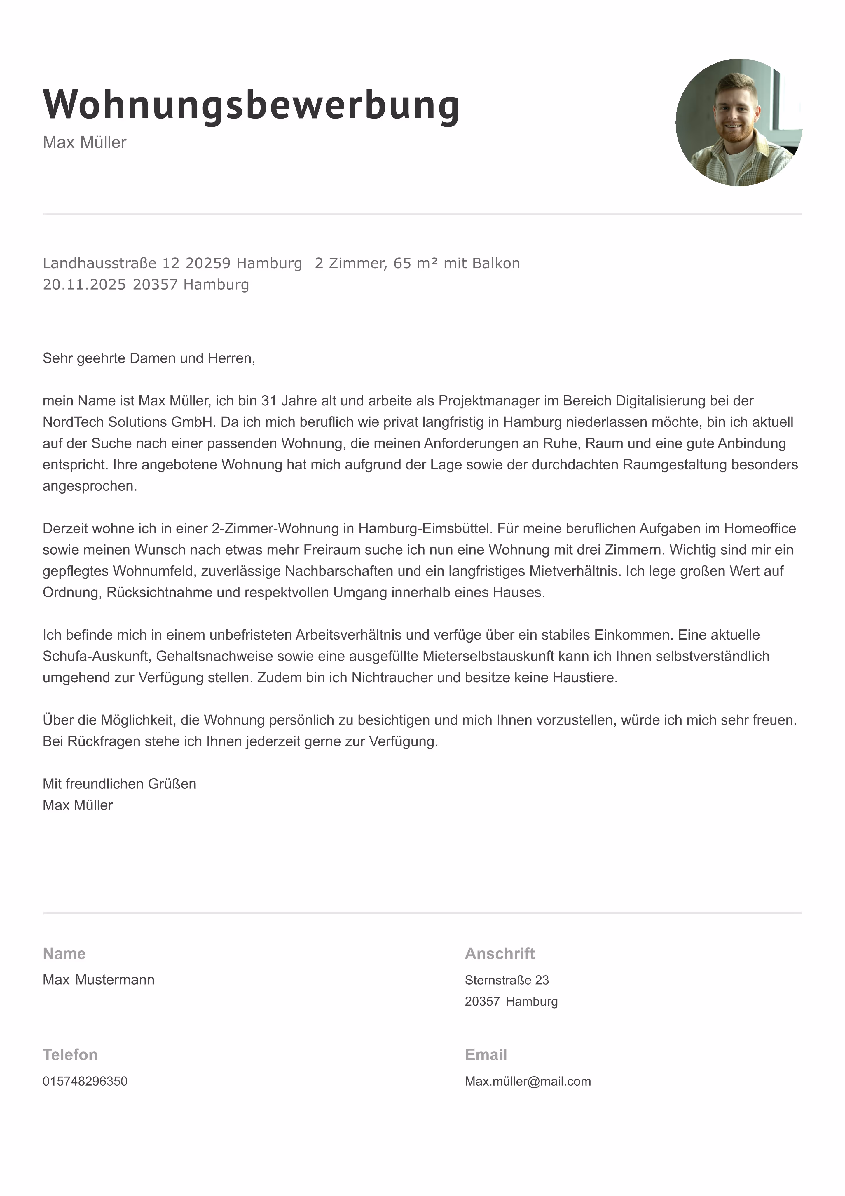 Reduzierte Wohnungsbewerbung Vorlage mit Fokus auf das Wesentliche. Anschreiben und Mieterselbstauskunft übersichtlich dargestellt – seriös und gut lesbar.