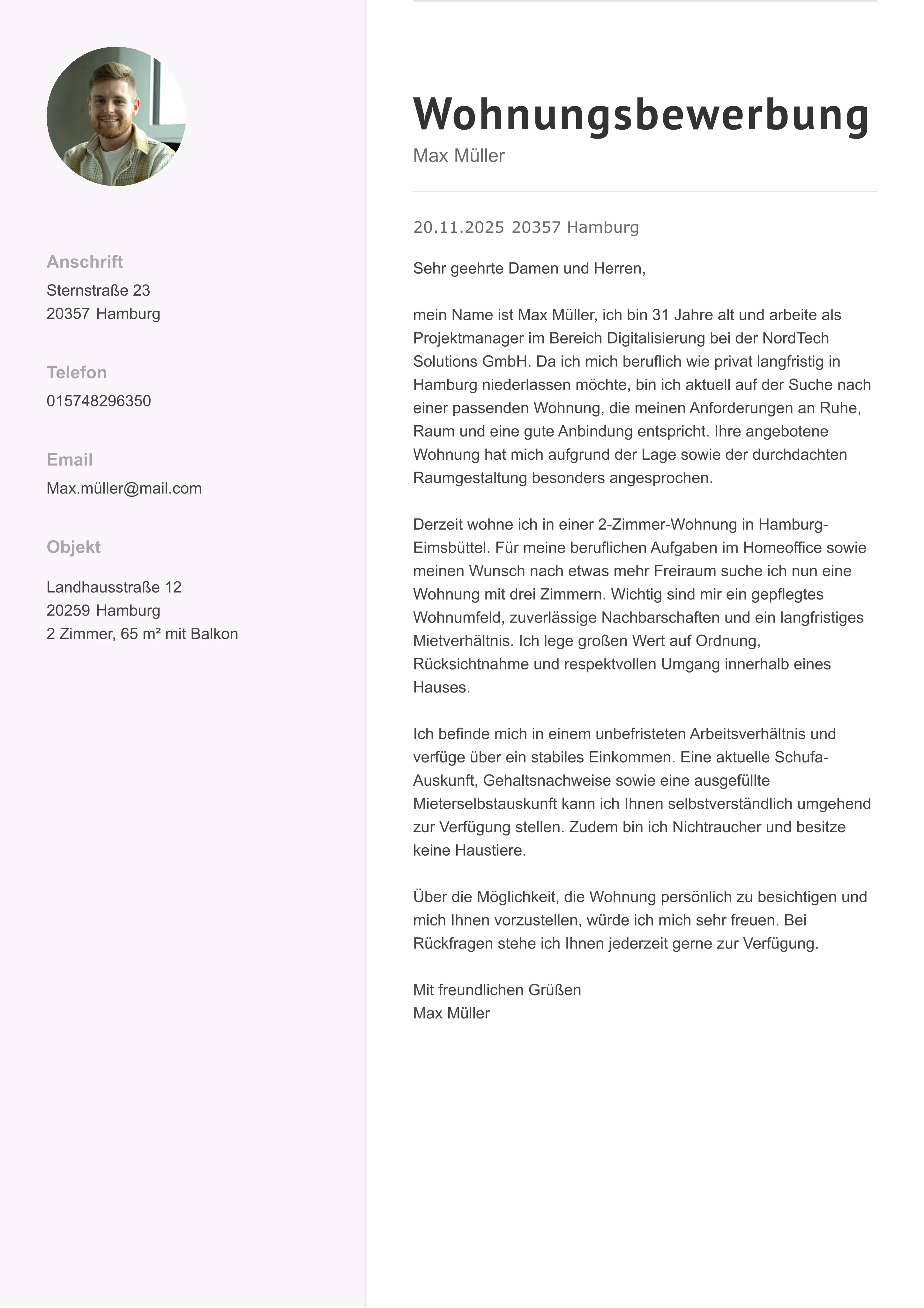 Minimal gestaltete Wohnungsbewerbung mit strukturierten Abschnitten und klarer Typografie
