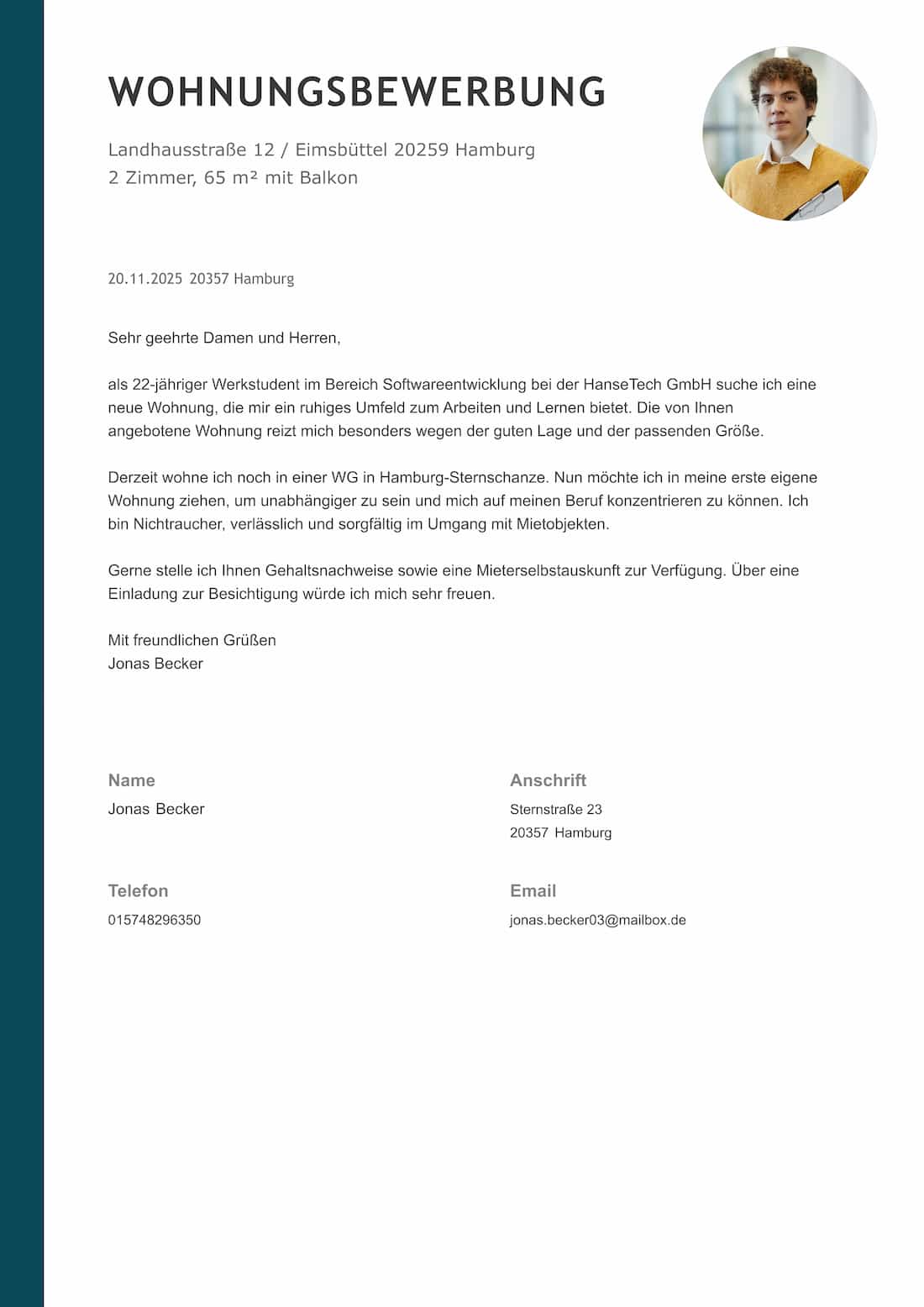 Wohnungsbewerbung Anschreiben Vorlage im klaren weißen Layout mit grünem Akzent und rundem Bewerbungsfoto