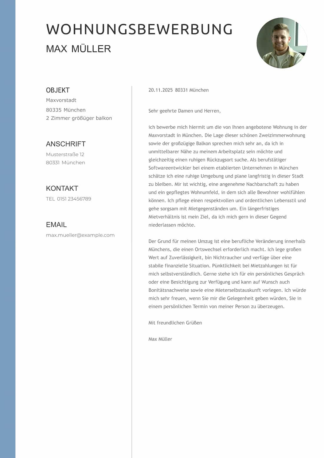 Minimalistische Wohnungsbewerbung Vorlage im hellen Layout mit klar strukturierten Kontaktdaten
