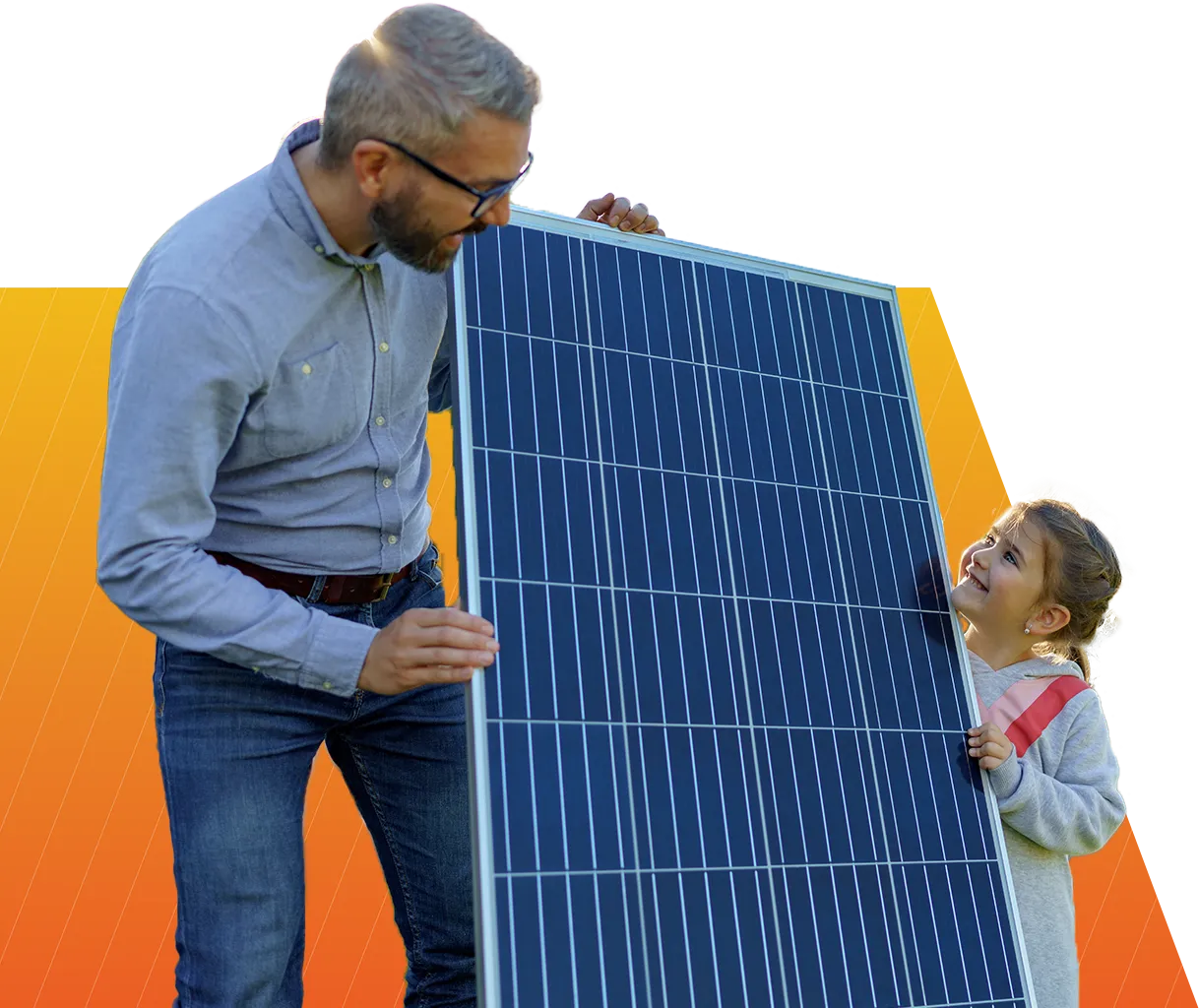 Man and child holding a large solar panel against an orange gradient background.