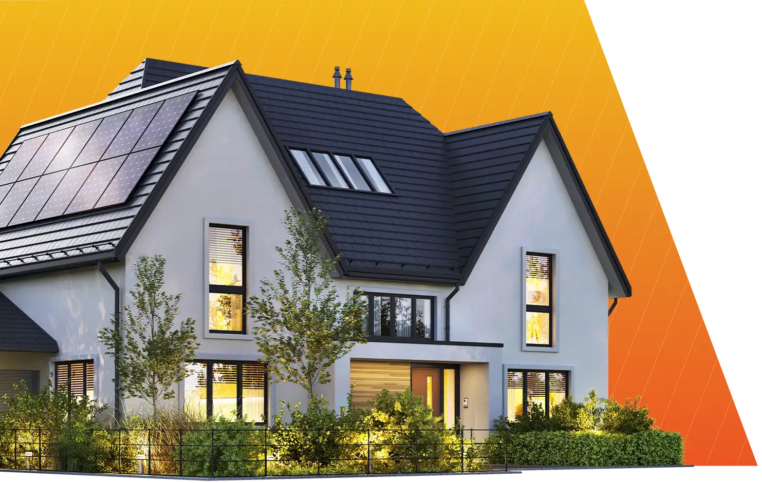 Modern white house with dark roof and solar panels on the roof against an orange gradient background.