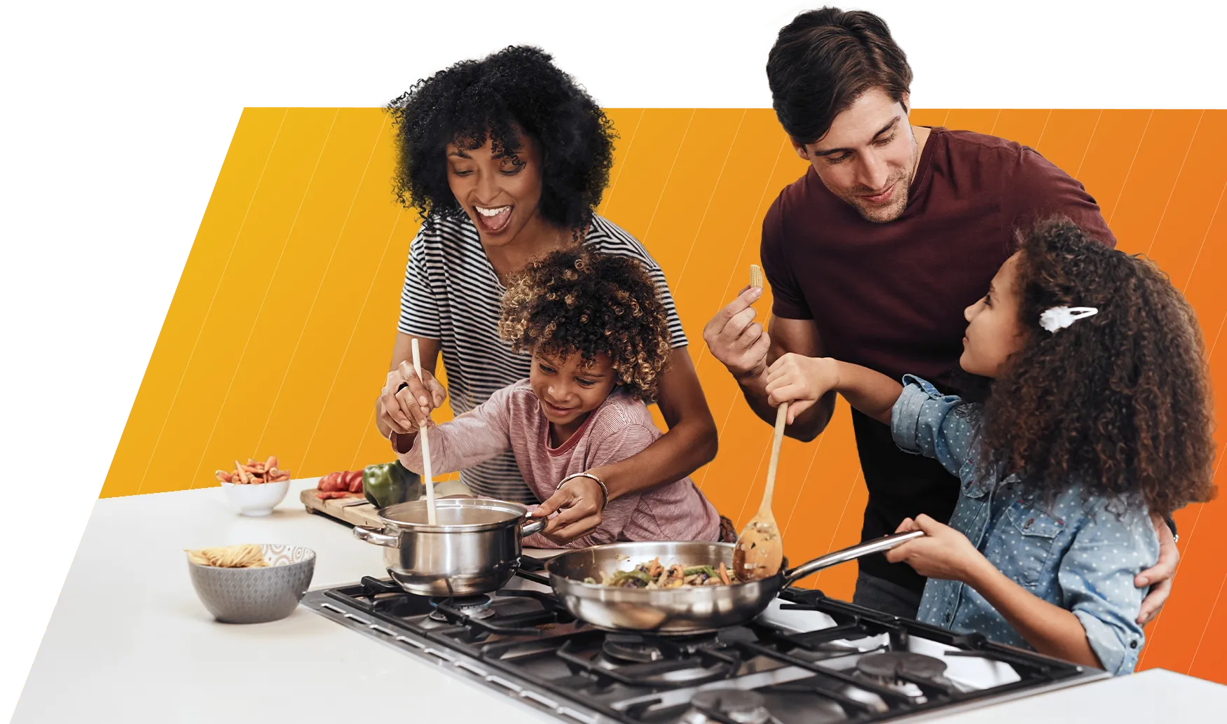Parents and children cooking together on a stove, stirring food in pots and smiling.