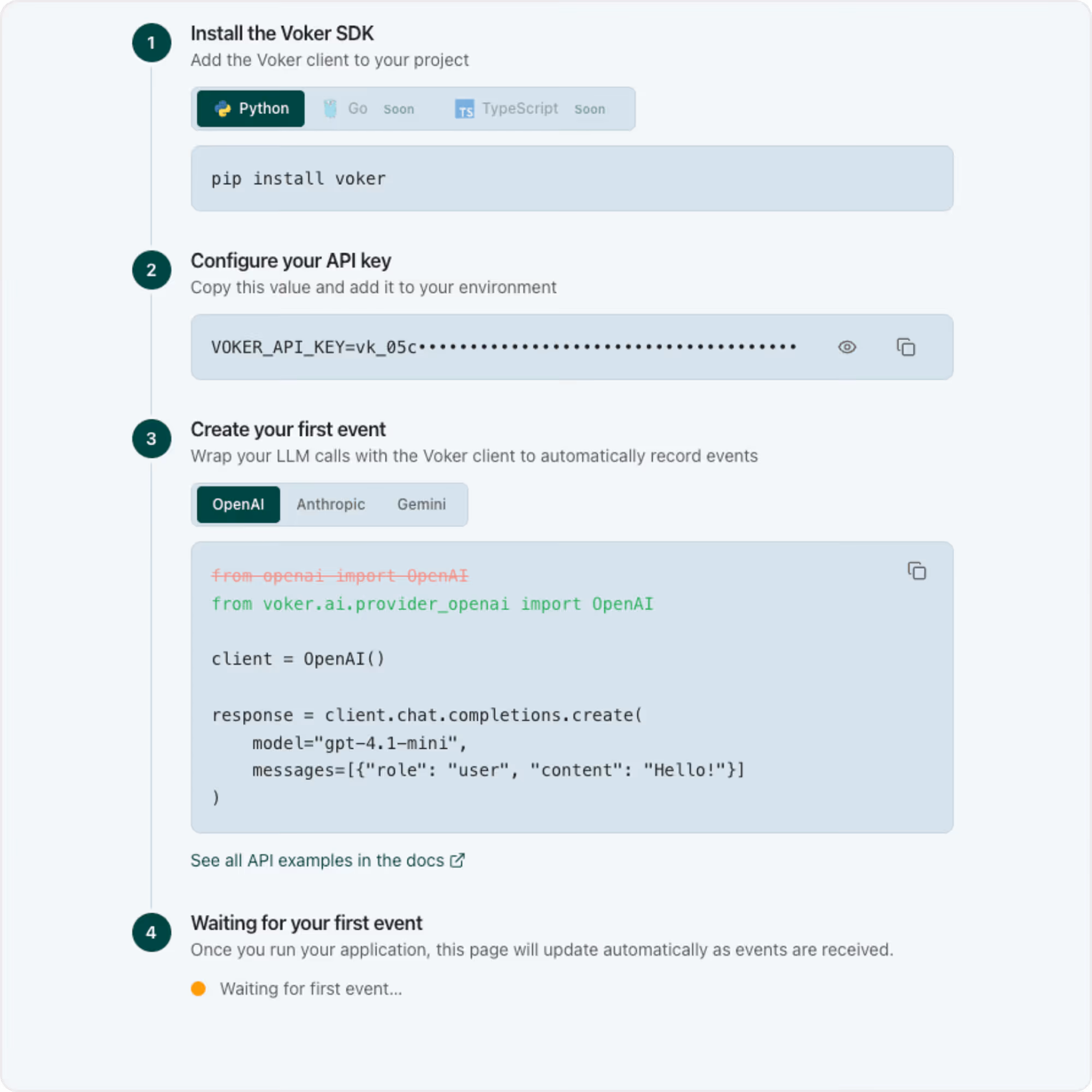 Step-by-step guide to install Voker SDK, configure API key, create first event with OpenAI, and wait for the first event.