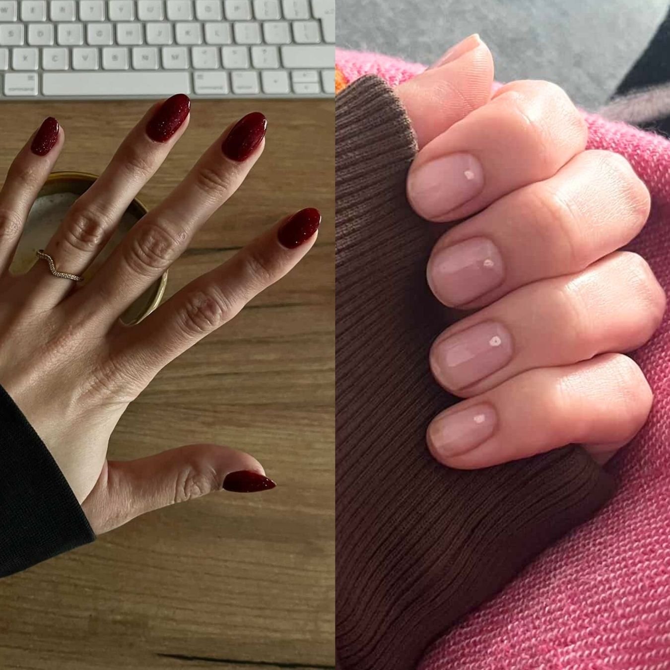 Side-by-side comparison of two hands with manicured nails, one with long dark red glitter polish and the other with short light pink nude polish.