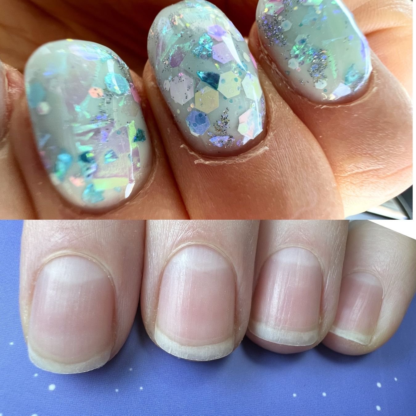 Comparison of fingernails before and after a colorful glittery nail polish application.