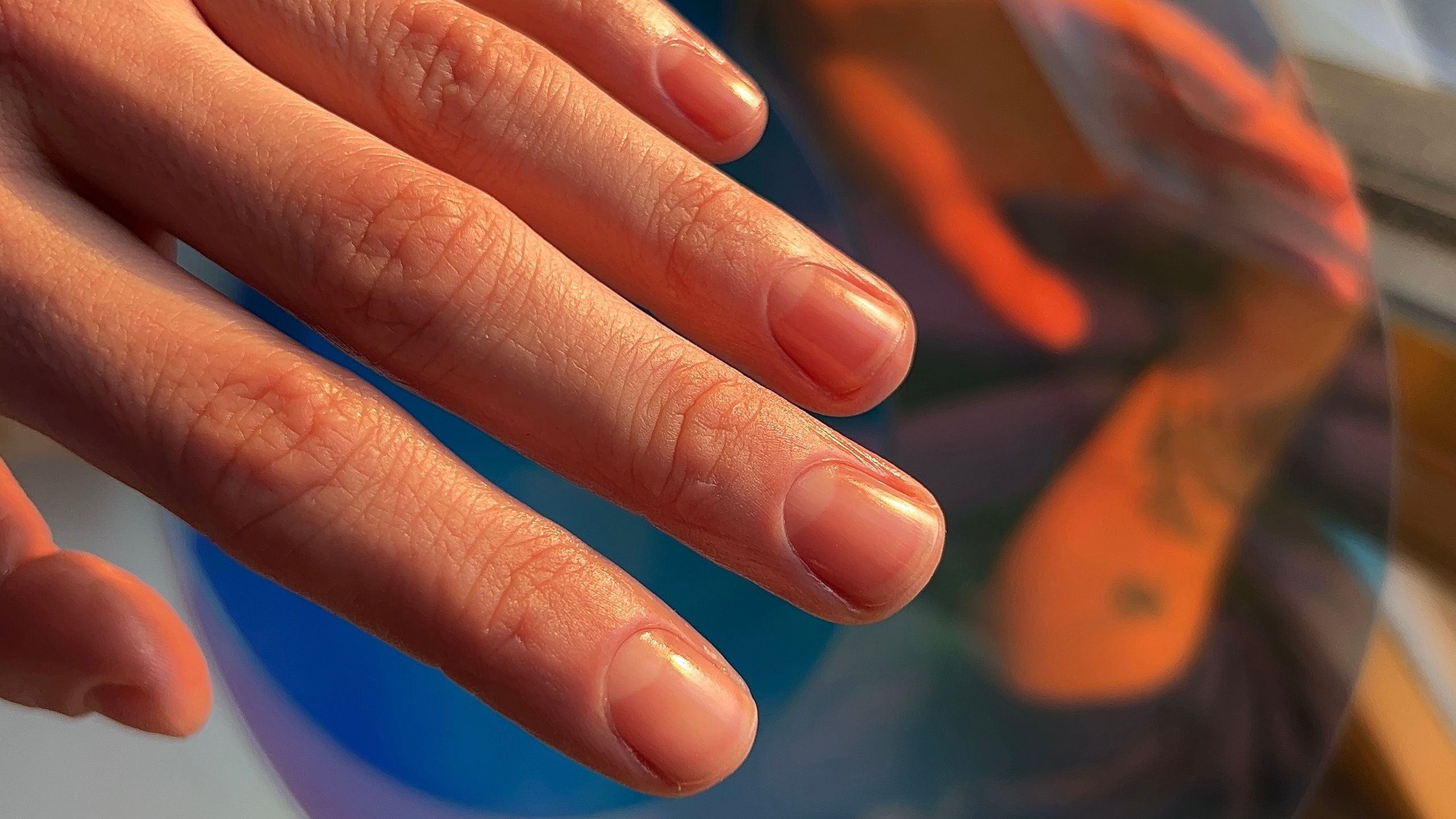 Close-up of a hand with smooth skin and clean, trimmed nails under warm lighting.