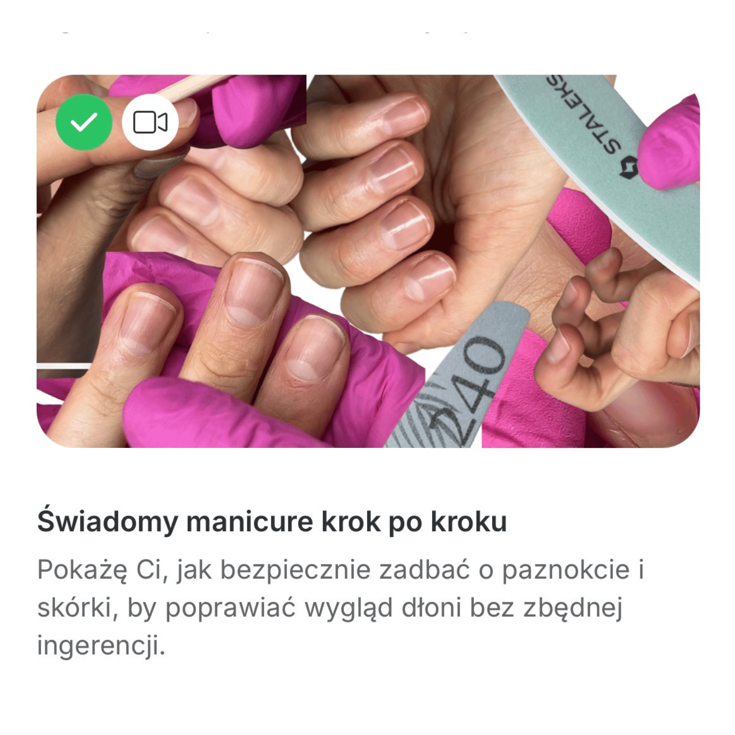 Close-up of hands receiving a full manicure treatment including nail filing and shaping with pink gloves and nail files.