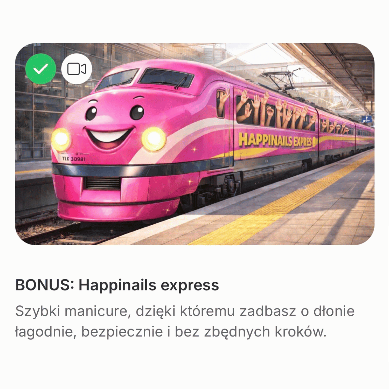 Pink train with a smiling face and visible hands through windows, labeled Happinails Express at a train station platform.