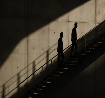 Two silhouetted figures walking up a staircase against a concrete wall with dramatic shadows.