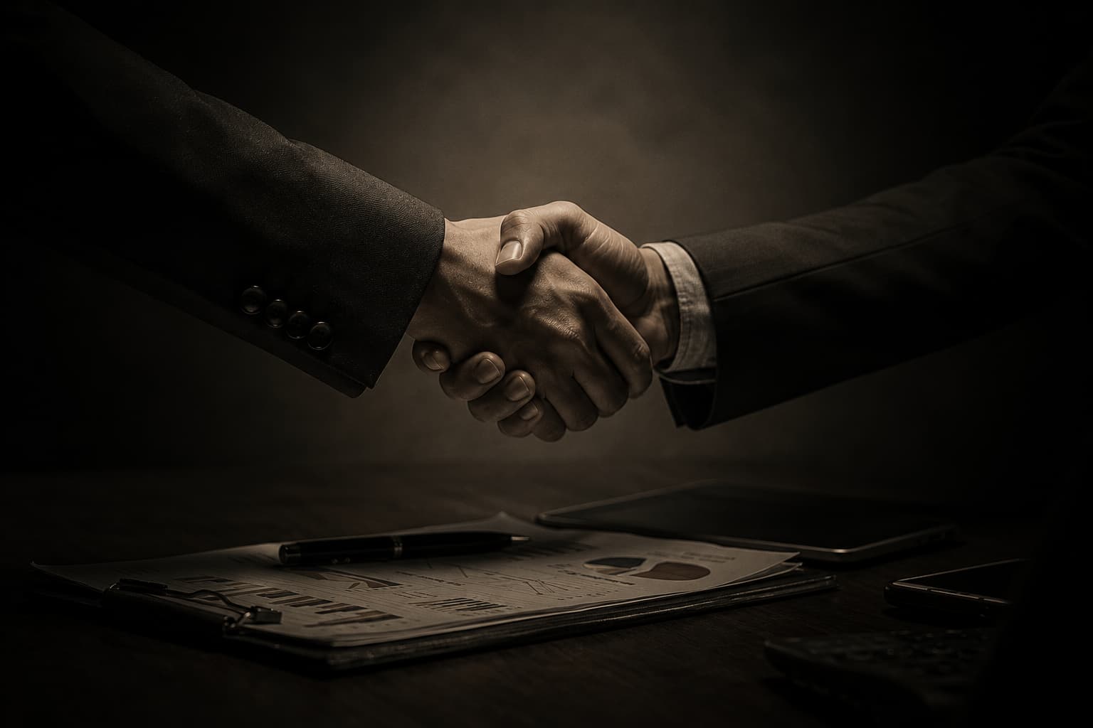 Close-up of two hands meeting in a fist bump under moody cinematic lighting.