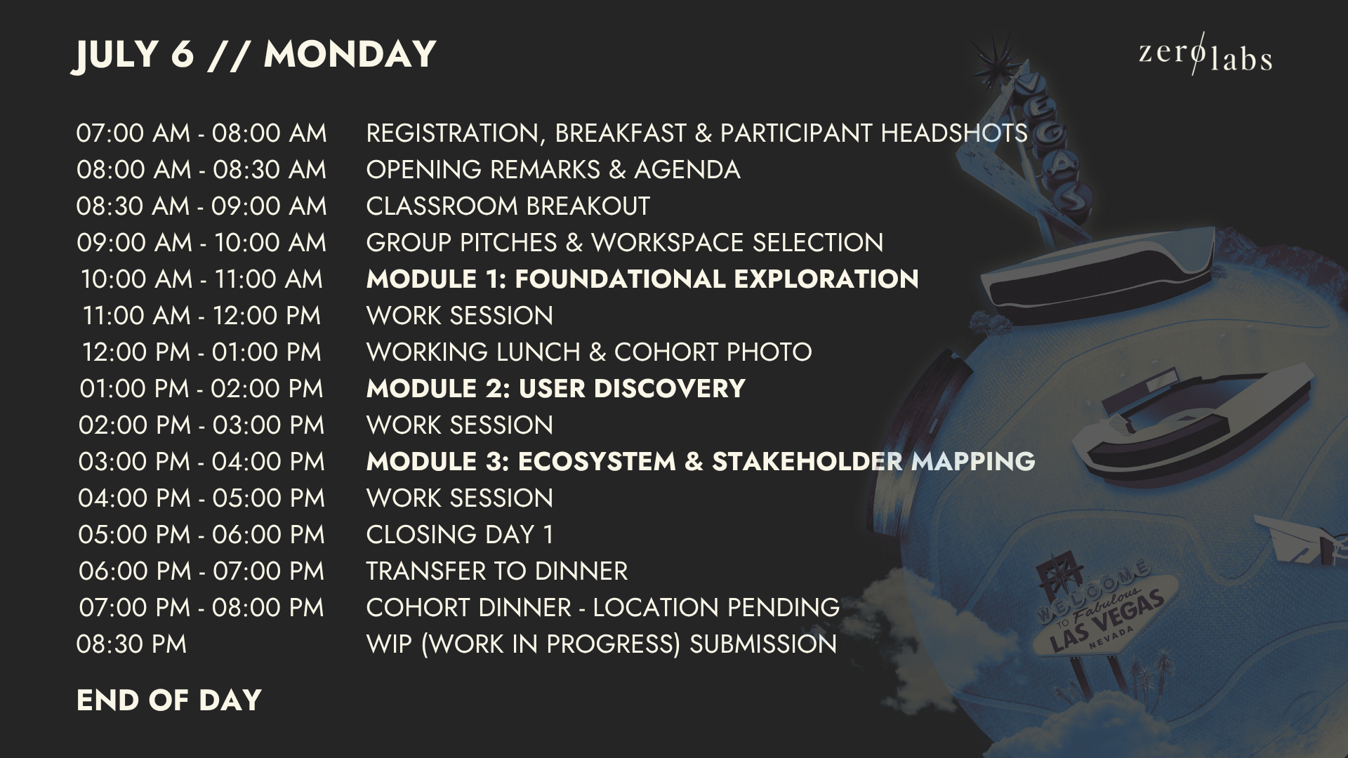 ILP8 Day 1 schedule, Monday July 6