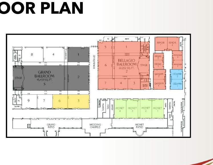 Bellagio Conference Center floor plan with Zero Labs rooms 6 and 3 highlighted in yellow