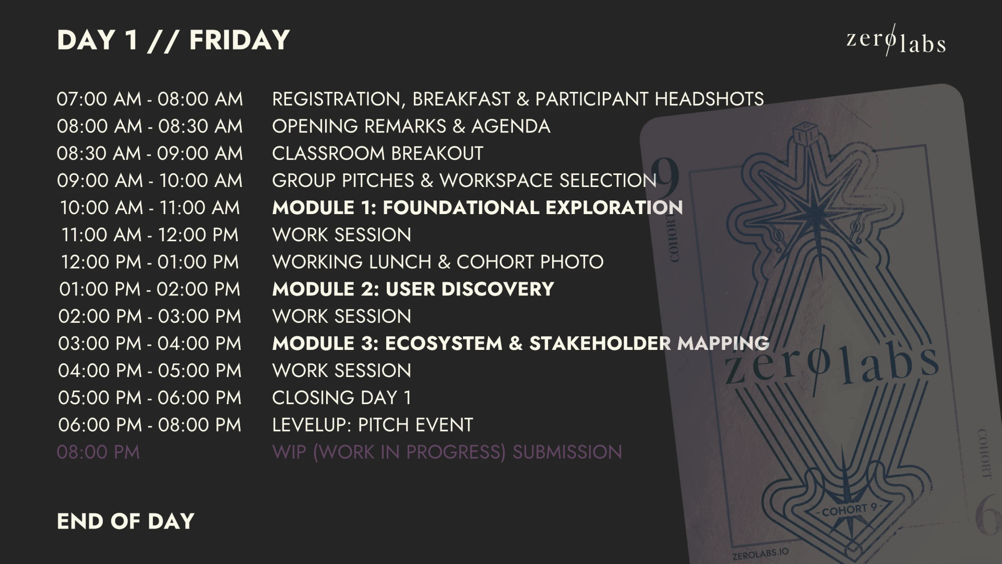 Day 1 Friday schedule