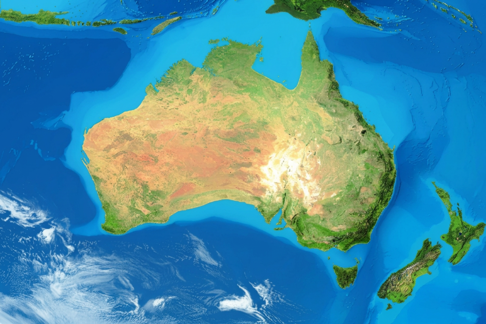 Relief map of Australia and New Zealand surrounded by blue ocean