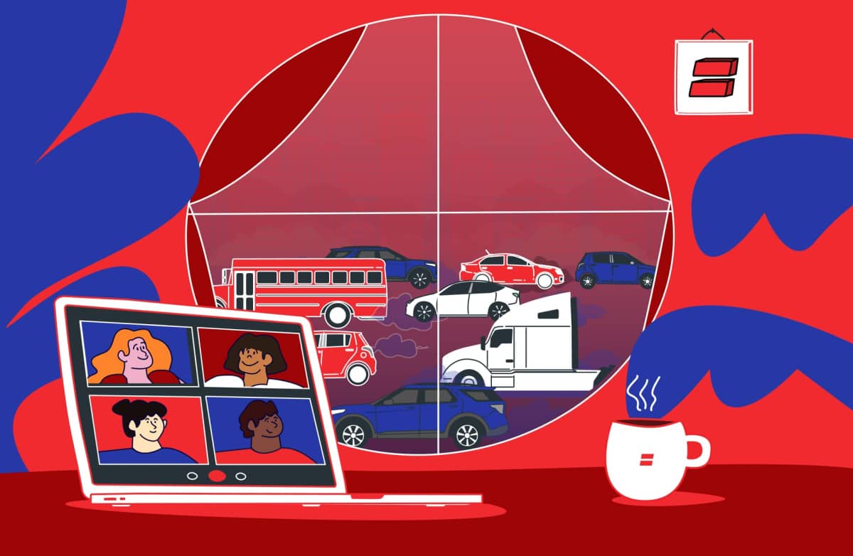 Illustration of a red room with a window showing traffic, including a bus and cars. A laptop with virtual meeting faces and a steaming mug are in the foreground.