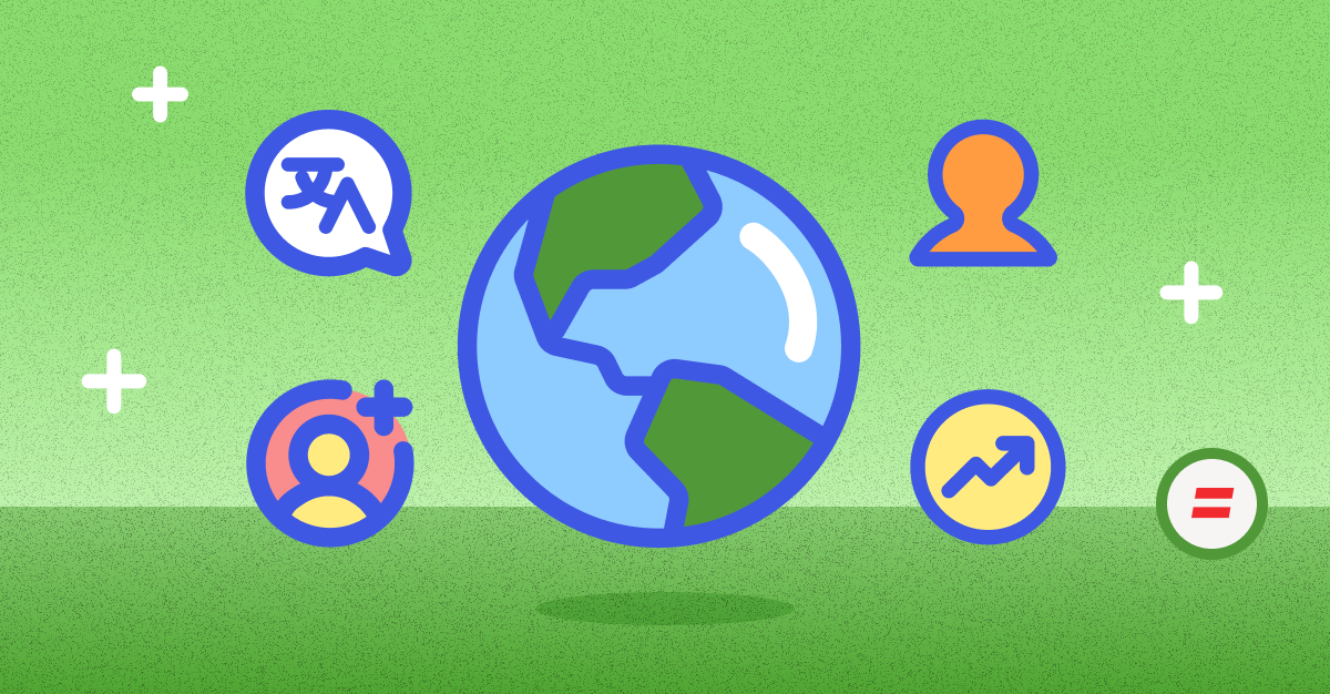 A globe in the center with icons around it, including language, user, growth, and equality symbols, set against a green background with a positive tone.