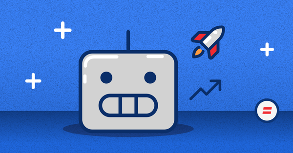 A cartoon robot face with an antenna smiles on a blue background. A rocket and upward arrow symbolize progress. White plus signs add a playful touch.