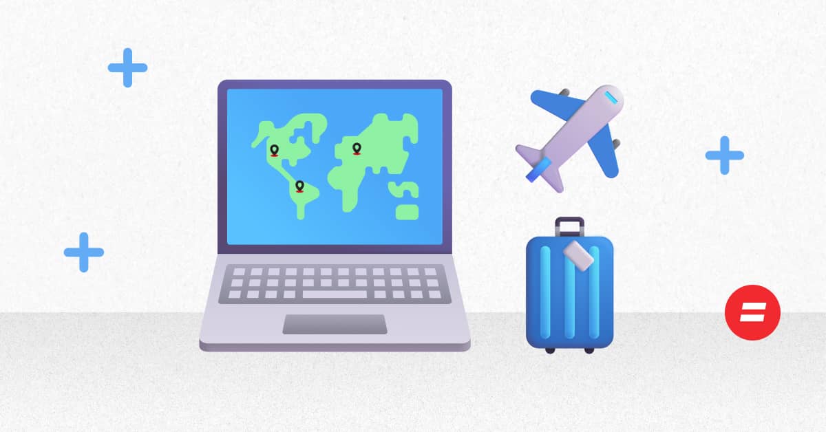 Laptop displaying a world map with location pins, next to a blue suitcase and airplane icon, suggesting travel planning online.