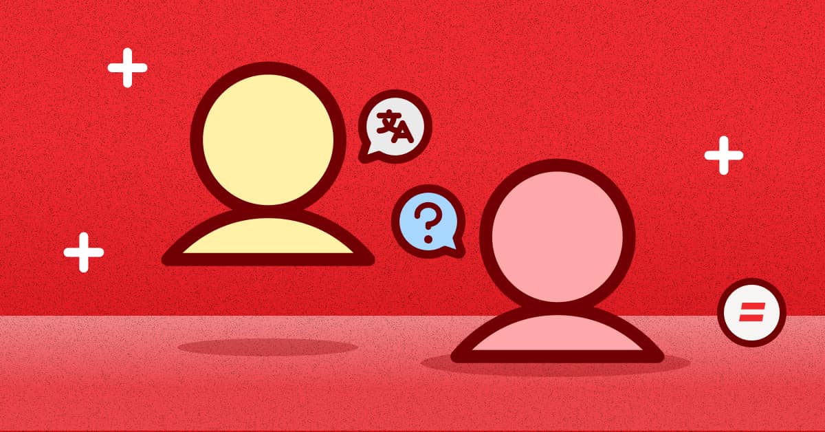 Two abstract figures on a red background, one with a speech bubble showing a language symbol and the other with a question mark, suggesting communication.