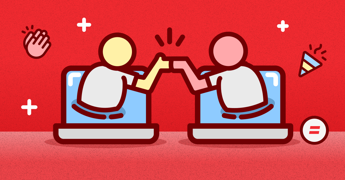 Two stylized figures high-fiving through laptop screens on a red background. Surrounding icons include clapping hands, confetti, and plus symbols, conveying celebration and success.
