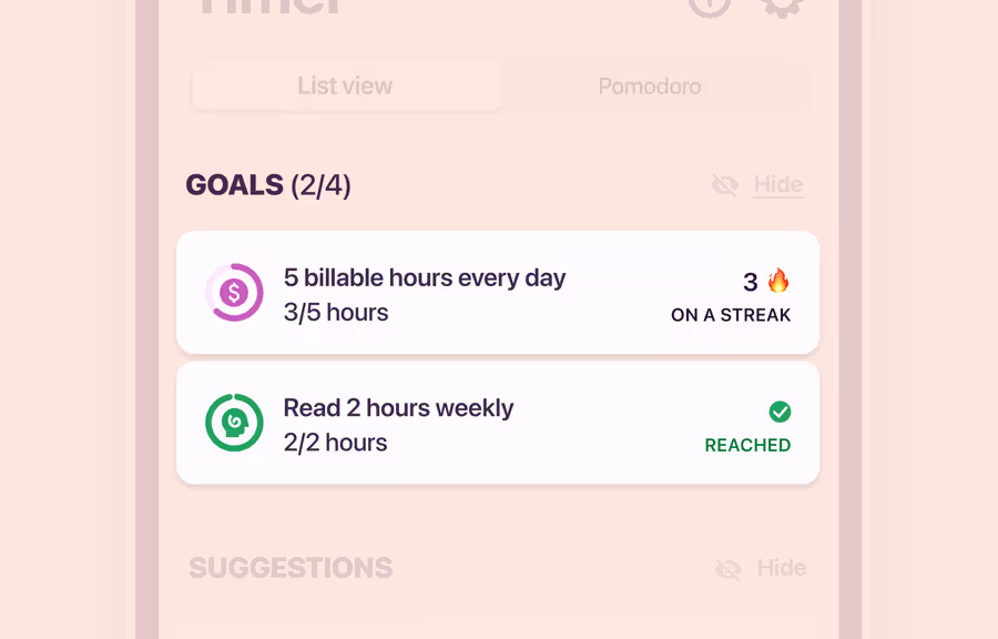 Time tracking goals dashboard